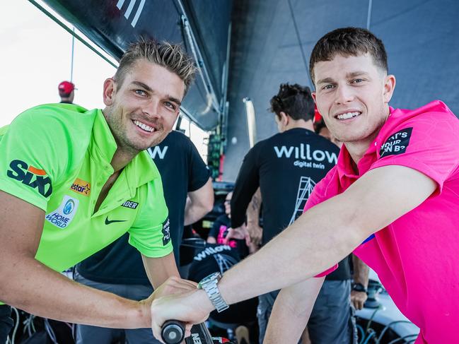 The cricketers aboard the supermaxi Willow before the Sydney to Hobart. Pic: Supplied