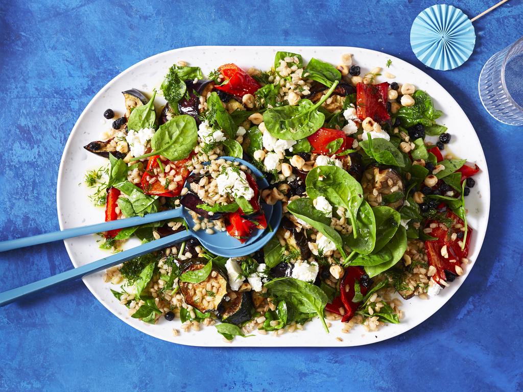 Blue Zones food. Loma Linda, California. Warm barley & goat’s feta salad.