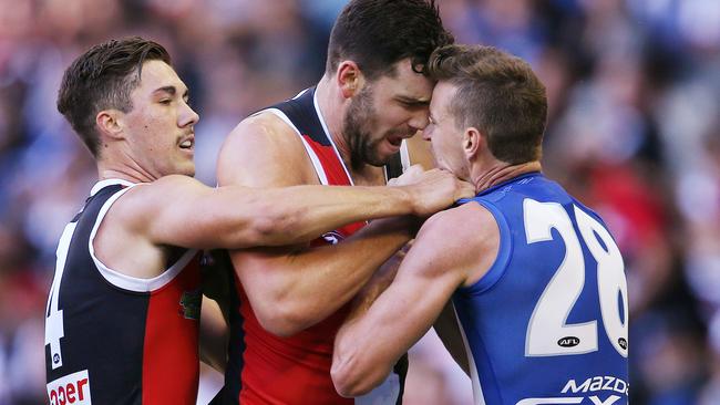 Paddy McCartin and Kayne Turner exchange pleasantries. Picture: Michael Klein