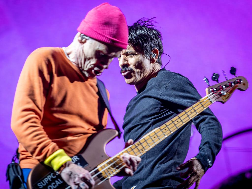 ‘Flea told me’ … the Australian-born bassist for The Red Hot Chilli Peppers with Anthony Kiedis at the band’s Melbourne gig on February 2, 2023.