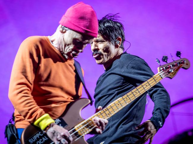 ‘Flea told me’ … the Australian-born bassist for The Red Hot Chilli Peppers with Anthony Kiedis at the band’s Melbourne gig on February 2, 2023.