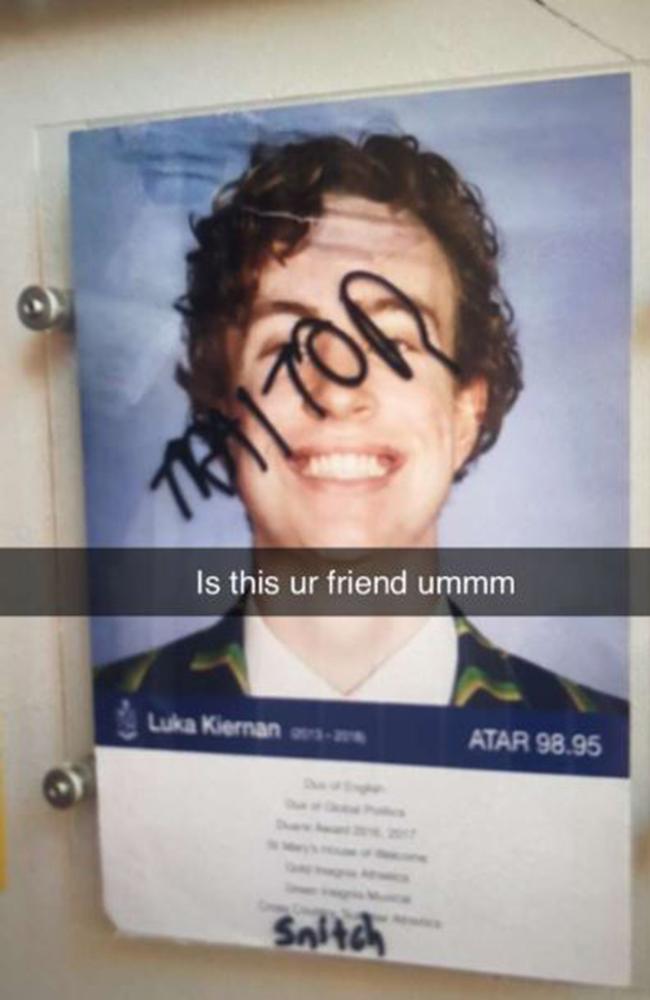 St Kevin's College former student Luka Kiernan, who gave permission for the image to be published, had the word ‘traitor’ scribbled on his face.