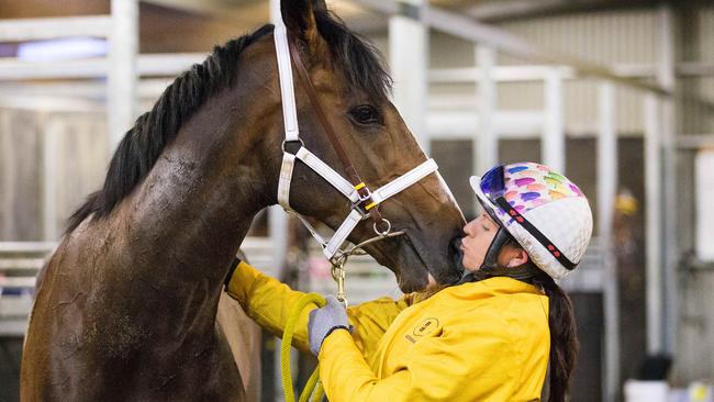 Natalie Young with Victoria Derby contender Main Stage at Cranbourne. Picture: Mark Stewart