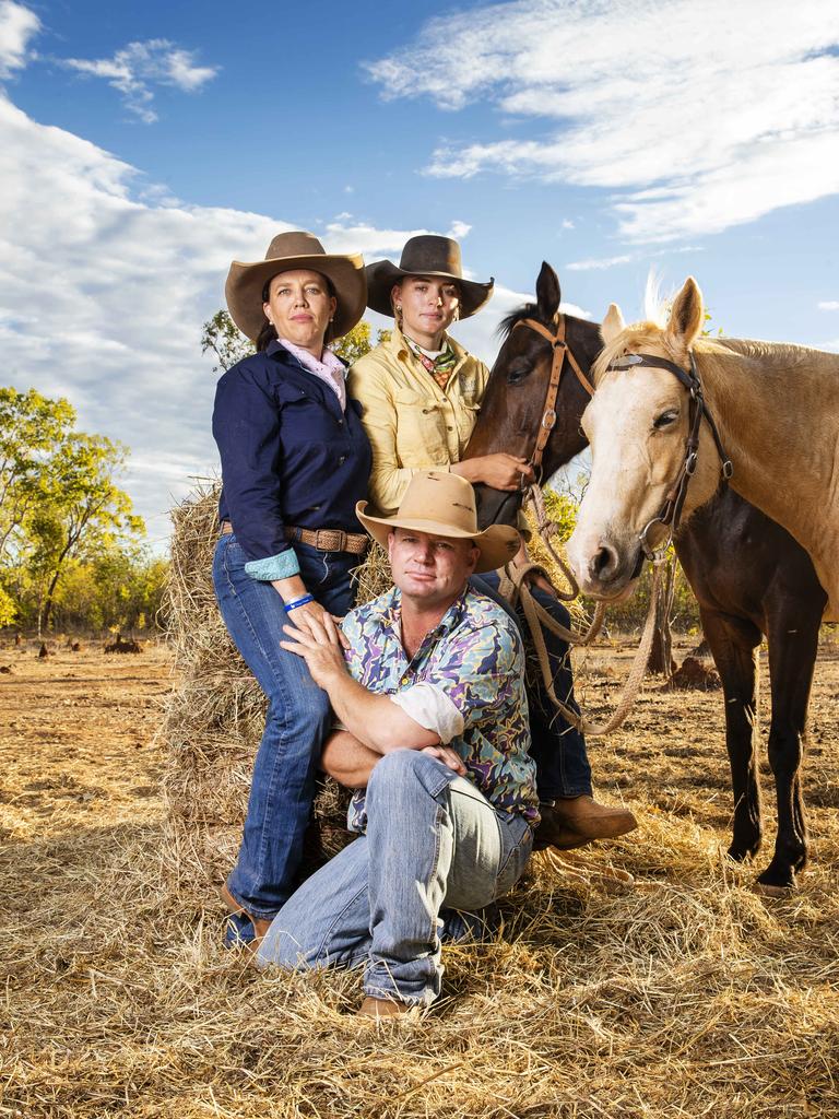 Kate and Tick Everett with their eldest daughter Meg at home on the family property near Katherine. Photo Lachie Millard