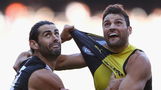 Collingwood’s Brodie Grundy, left, would be the starting ruckman in Blighty’s SA Origin team.