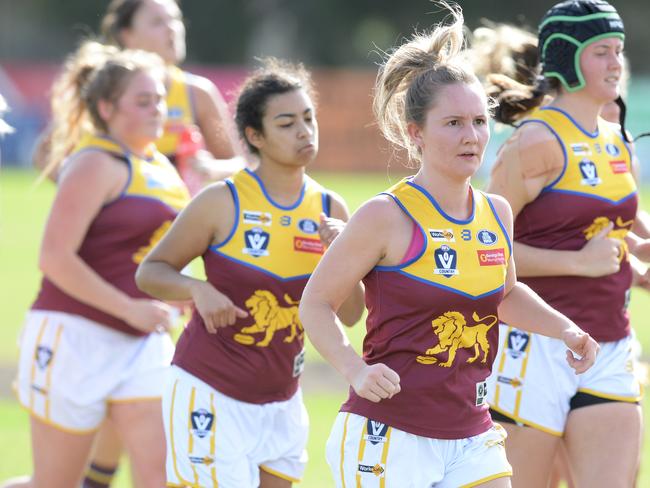 South Eastern FNL Womens Division 2 footy: Murrumbeena v Seaford at Belvedere Reserve. Murrumbeena players warm up at Seaford. Picture: AAP/Chris Eastman