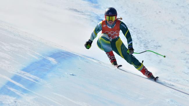 Australia's Greta Small takes part in a training run in Alpine skiing downhill at the Jeongseon Alpine Centre. Picture: AFP