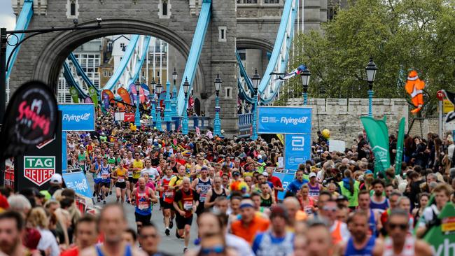 Athletes cross Tower Bridge in the London Marathon in 2019. Picture: Getty Images