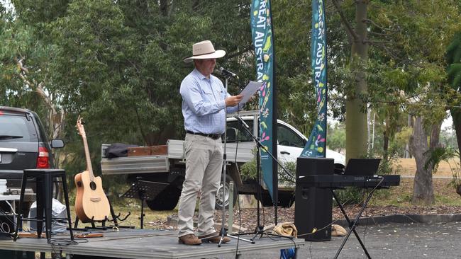 Maranoa Region Mayor Tyson Golder welcoming guests to the Great Australian Bites Australia Day event 2023. Picture: Chloe Cufflin.