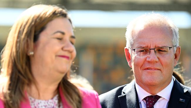 BRISBANE, AUSTRALIA - NewsWire Photos - MARCH 21, 2022.Prime Minister Scott Morrison and Queensland Premier Annastacia Palaszczuk announcing the SEQ City Deal at the Gabba Stadium in Brisbane.Picture: NCA NewsWire / Dan Peled