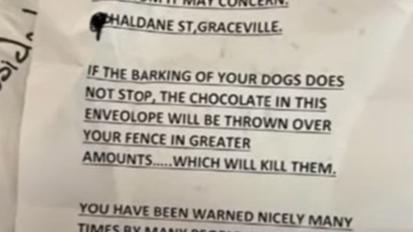 The letter warned the pets would be poisoned if they don’t stop barking.