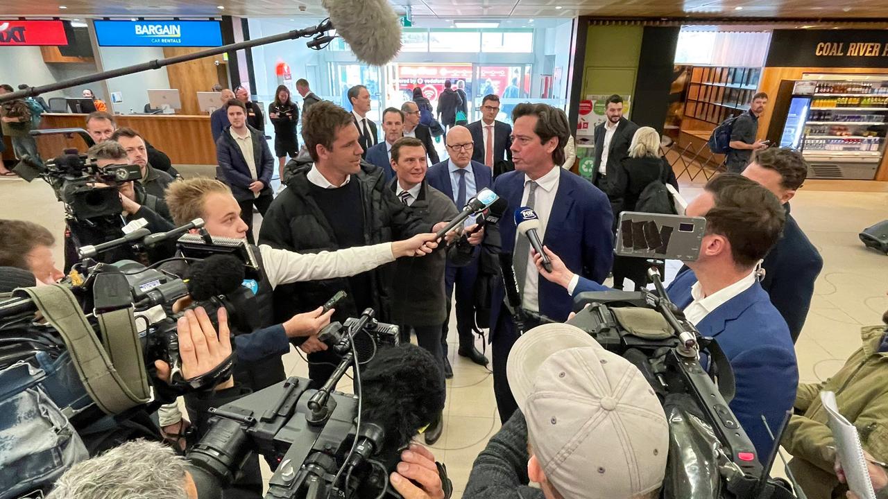 AFL Chief Executive Gillon McLachlan speaks to media at Hobart airport ahead of this afternoonÃ•s announcement. Picture: AFL/Twitter