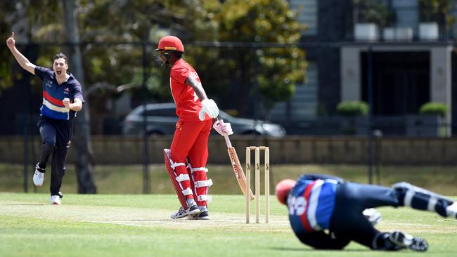 Premier: Footscray wicketkeeper Dylan Kight holds the catch to dismiss Ashley Chandrasinghe much to Ben Roosenboom’s delight. Picture: Steve Tanner