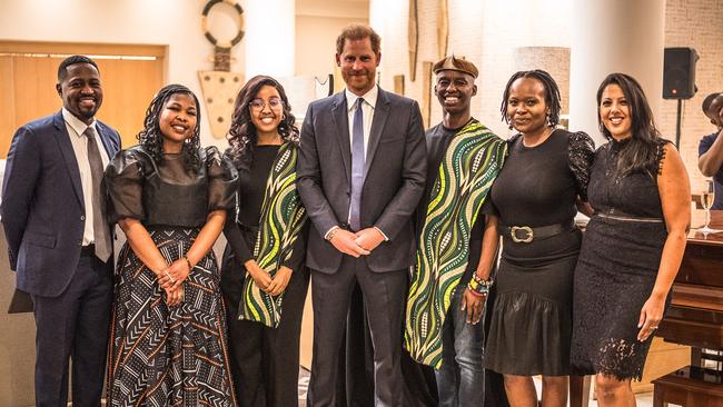 (L-R) George Sibotshiwe, Vuyo Lutseke, Youth Reporter Mary-Ann Nobele, Prince Harry, Duke of Sussex, Musa Khuzwayo, Thando Mbele-Sibotshiwe and Dr Bhakti Hansoti attend a Sentebale reception. Picture: Getty Images for Sentebale