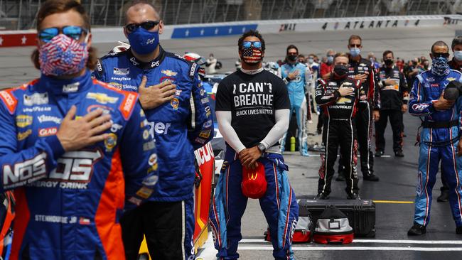 Bubba Wallace wears a "I Can't Breath – Black Lives Matter" T-shirt under his fire suit on June 7, in solidarity with protesters around the world after the death of George Floyd. Picture: Getty