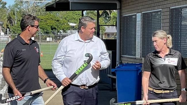 Mackay Hockey Association treasurer Melissa Sorensen, LNP candidate for Dawson Andrew Willcox and Mackay Hockey Association president Matt Murphy. Funding announcement for Mackay Hockey grandstand 13 May 2022. Picture: Max O'Driscoll