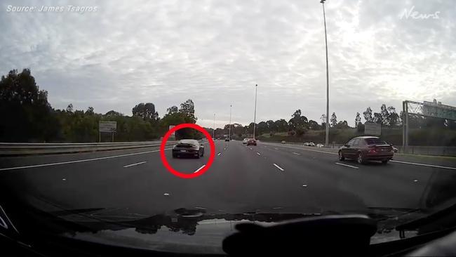 The dashcam video shows the Porsche allegedly at the centre of the crash that killed four police officers travelling at startling speed along the Eastern Freeway on March 21. Picture: James Tsagros