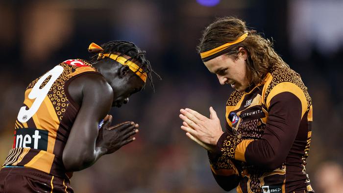 MELBOURNE, AUSTRALIA - MAY 26: Jack Ginnivan of the Hawks celebrates a goal with teammate Changkuoth Jiath during the 2024 AFL Round 11 match between the Hawthorn Hawks and the Brisbane Lions at Marvel Stadium on May 26, 2024 in Melbourne, Australia. (Photo by Dylan Burns/AFL Photos via Getty Images)