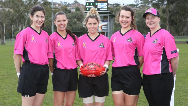 One of the all-female umpiring teams from the weekend's matches between Glenroy and Hillside — Julia Montesano (boundary), Amy McQuade (field), Natalie Pace (field), Danielle Murphy (boundary), Penny Godsell (goal). Photo: Glenn Bailey, www.jagimaging.com.au