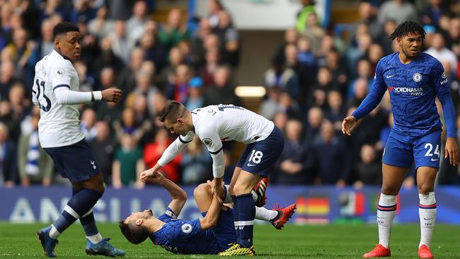 Giovani Lo Celso of Spurs after clashing with Cesar Azpilicueta of Chelsea which was reviewed for a red card by VAR during the Premier League match between Chelsea FC and Tottenham Hotspur at Stamford Bridge on February 22, 2020 in London, United Kingdom. (Photo by Julian Finney/Getty Images)