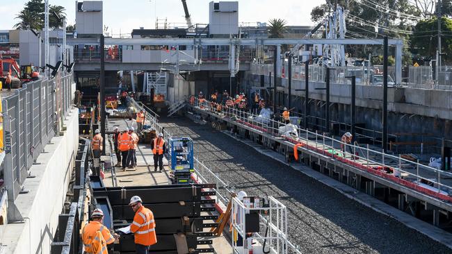 Exclusive pictures: Mentone (pictured) and Cheltenham railway stations are now unrecognisable with new rail trenches and platforms starting to take shape. Picture: Penny Stephens