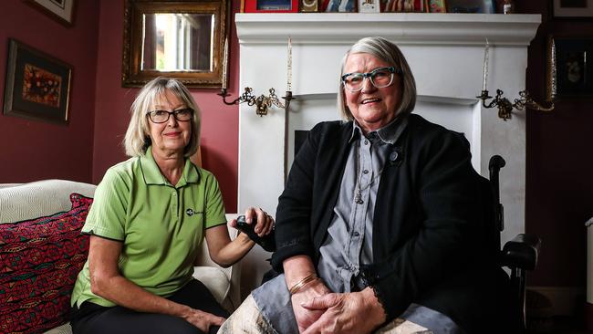 Support worker Janine Donaty, left, with Keren McCullagh at her Perth home on Wednesday. Picture: Colin Murty