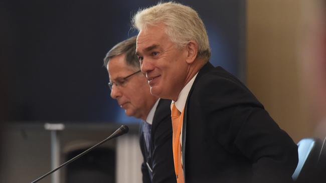 John Lenders speaks at the inquiry at Parliament in Melbourne. Picture: Tony Gough