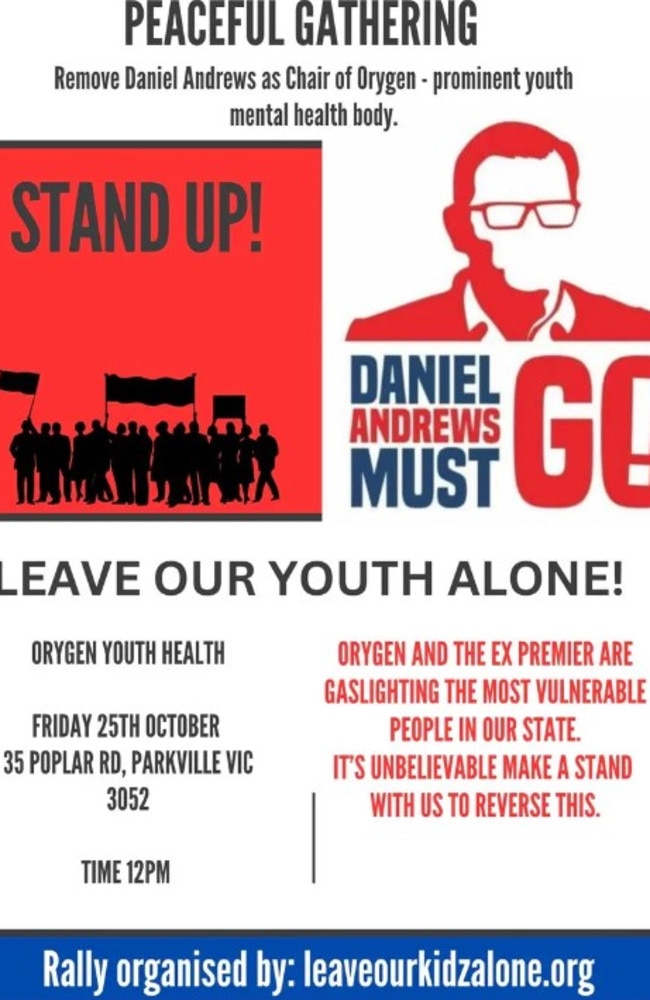 A poster promoting the rally against Dan Andrews' new role at the youth mental health organisation.