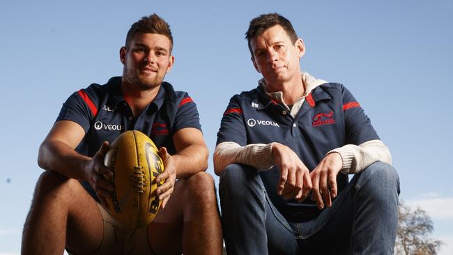 Magarey Medallist Mitch Grigg and his father Chris at the Norwood Football Club ahead of their MND campaign. Picture: Matt Turner