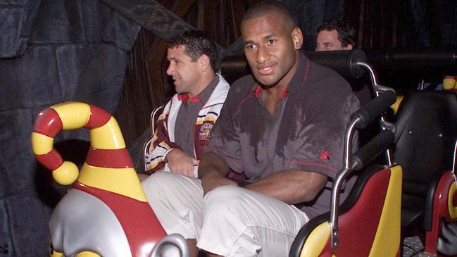 June 2002: QLD State of Origin team members at Movie World testing the new Scooby Doo ride. Robbie O'Davis and Lote Tuqiri. Picture: Adam Ward