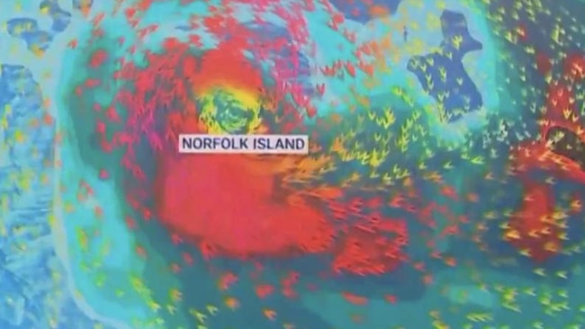 Tropical Cyclone Gabrielle passed almost directly above the former penal colony of Norfolk Island on Saturday. Picture: Sky Weather