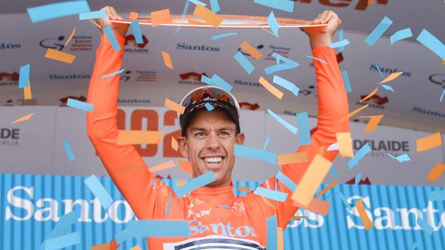 Australian rider Richie Porte from team Trek-Segafredo reacts on the podium after winning the Tour Down Under UCI World Tour cycling event in Adelaide on January 26, 2020. (Photo by Brenton EDWARDS / AFP) / -- IMAGE RESTRICTED TO EDITORIAL USE - STRICTLY NO COMMERCIAL USE --