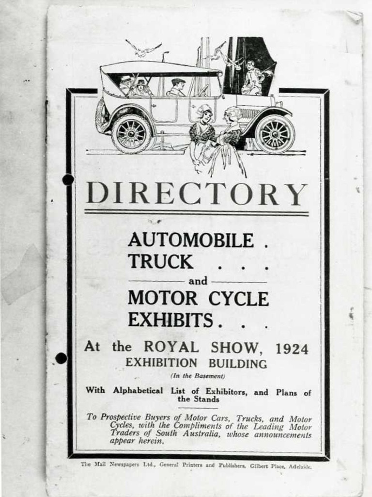 Royal Adelaide Show, 1924. Directory of automobile, truck and motor cycle exhibits.