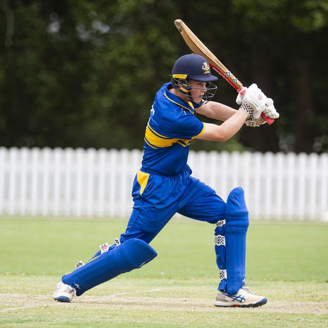 Oliver Lockwood bats for Toowoomba Grammar School (TGS) against Brisbane Boys College (BBC) in round 1 GPS Competition 1st cricket at Mills Oval, TGS, Saturday, February 1, 2025. Picture: Kevin Farmer