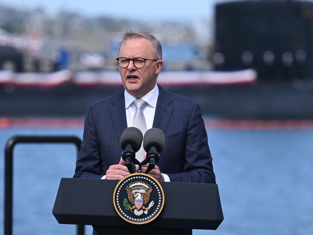 Anthony Albanese making a public address in front of the USS Missouri, San Diego, California. Picture: Getty Images