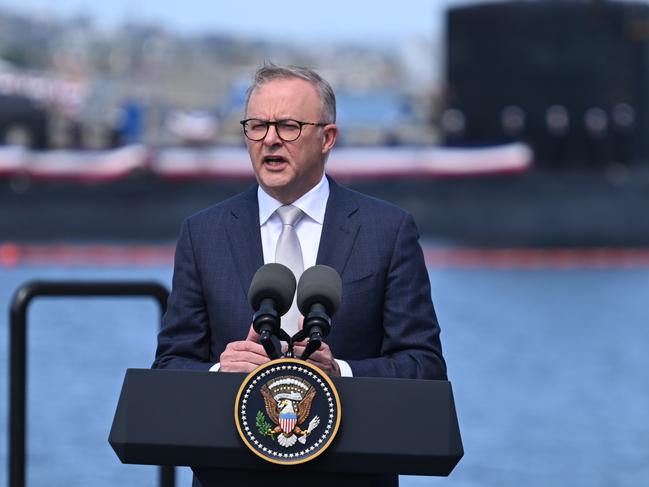 Anthony Albanese making a public adress in front of the USS Missouri, San Diego, California. Picture: Getty Images