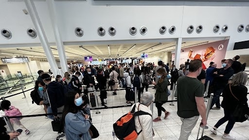 Adelaide Airport busy with school holiday travellers at Easter. Picture: Emma Brasier