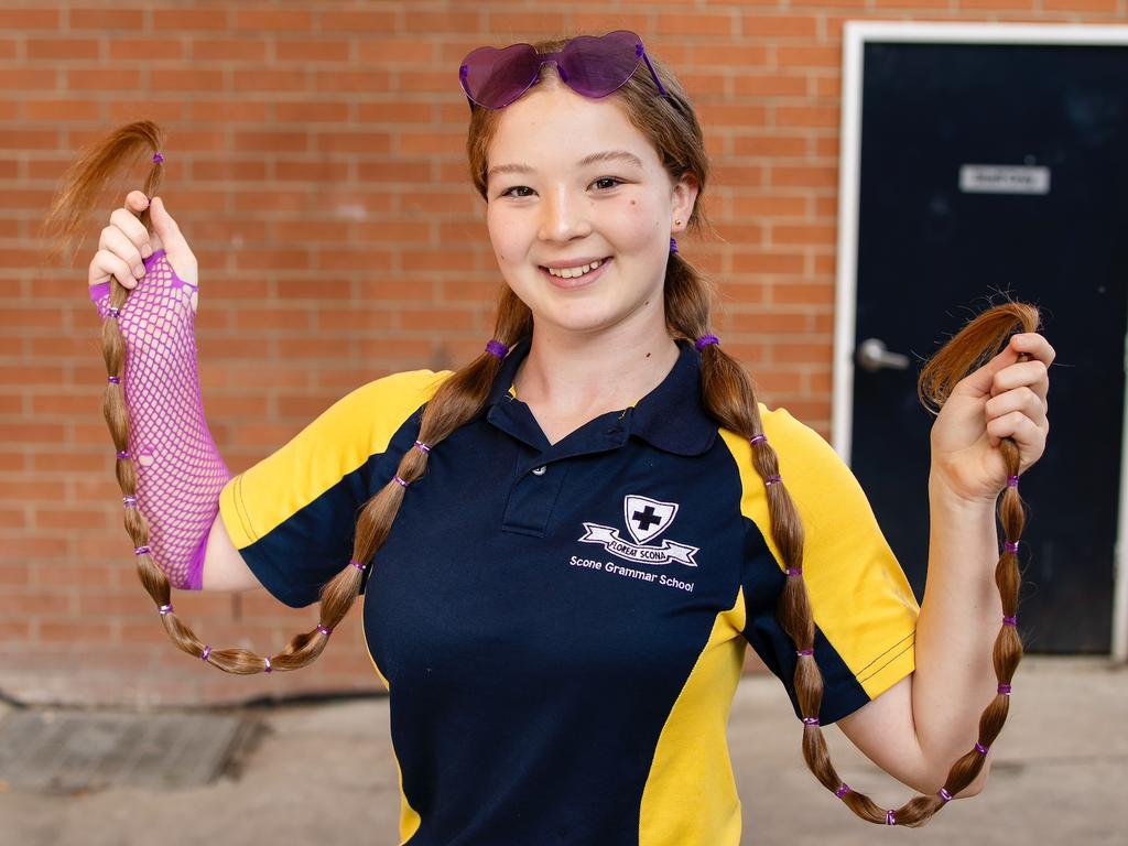 14-year-old Elsie Kennedy from Scone Grammar School has just chopped her long Rapunzel locks to donate her hair to Wigs 4 Kids – a program run by Kids with Cancer Foundation which creates wigs for kids with cancer in Elsie’s first real hair cut ever. Picture: supplied