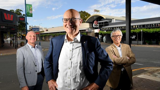 Catcorp managing director Anthony Catinari, Unley Mayor Michael Hewitson and property owner Patrick Ho in front of the Target development site. Picture: Tricia Watkinson