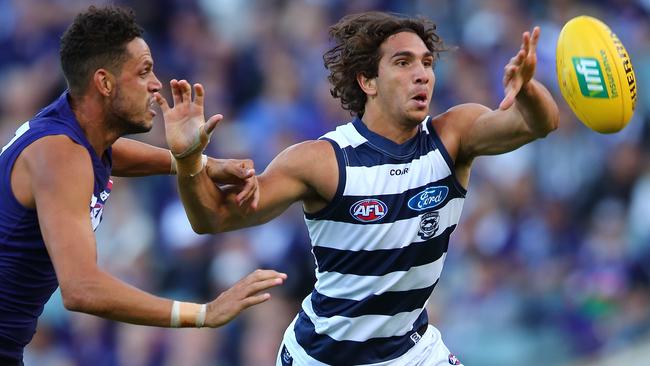 Geelong youngster Nakia Cockatoo played through Round 1’s win over Fremantle with a broken hand. (Photo by Paul Kane/Getty Images)