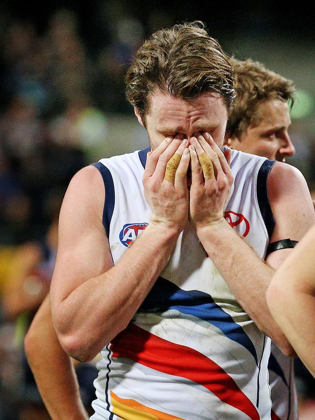 Patrick Dangerfield in tears after the game. Picture: Colleen Petch.