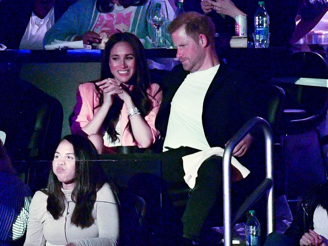 Meghan and Harry at a basketball game between the Los Angeles Lakers and the Memphis Grizzlies at Crypto.com Arena on April 24, 2023 in Los Angeles, California. Picture: Allen Berezovsky/Getty Images