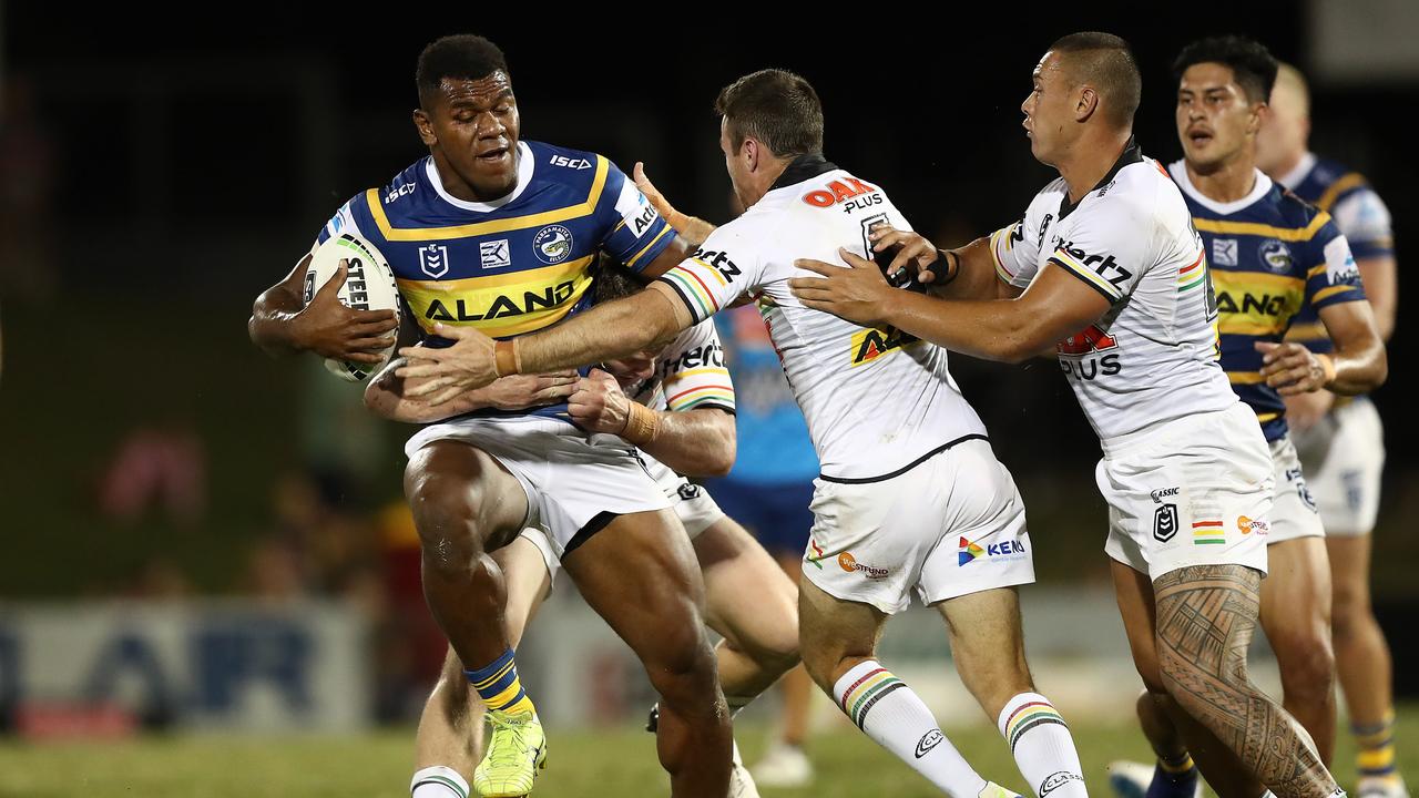 Maika Sivo of the Eels is tackled during the Trial match with Penrith