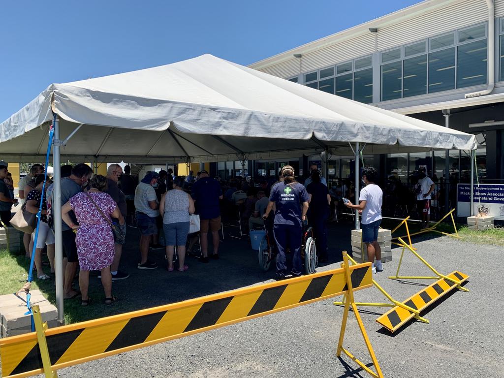 The vaccination clinic at Mackay Showgrounds was overrun on Tuesday morning with people seeking a Covid-19 booster shot. Picture: Rae Wilson