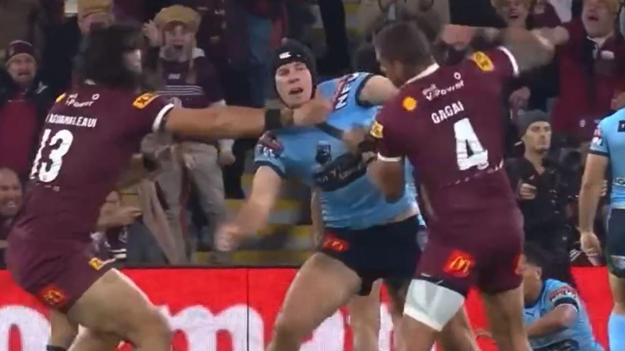 2022 Rugby League State of Origin Game 3. Suncorp Stadium Brisbane. Video still of Punches thrown by Matt Burton (Blues) and Dane Gagai (Maroons). Source Fox League