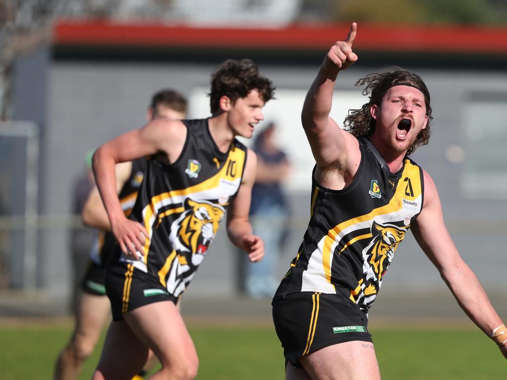 Jack Tomkinson Tigers celebrates a goal. TSL grand final Kingborough Tigers V North Launceston. Picture: Nikki Davis-Jones