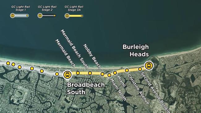 The proposed route of Gold Coast Light Rail Stage 3A to Burleigh Heads.