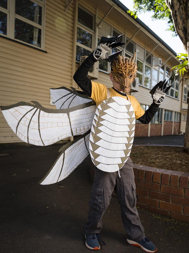 Liam Fels shows off his Wings of Fire character for Book Week at Rangeville State School, Friday, August 25, 2023. Picture: Kevin Farmer