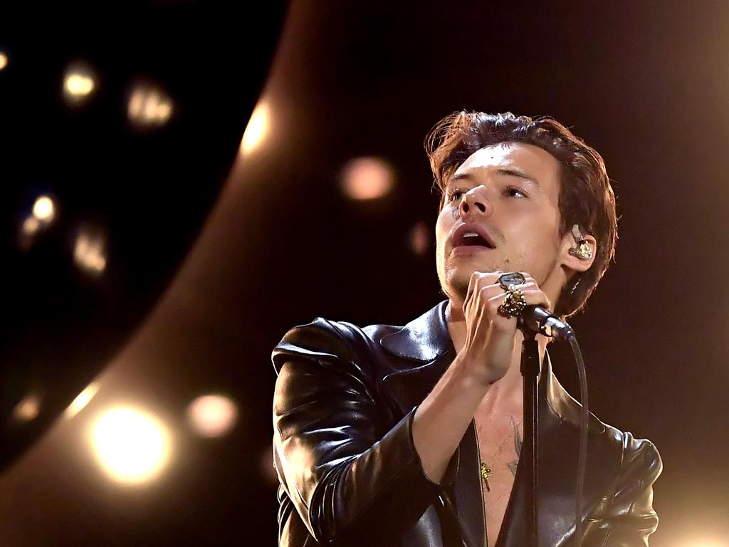 A leather look from Harry Styles at the Grammys. Picture: Getty Images