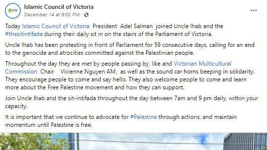 The caption that accompanied the Islamic Council of Victoria’s Facebook post about Victorian Multicultural Commission Chair Vivienne Nguyen’s visit to the protest on the steps of state parliament.